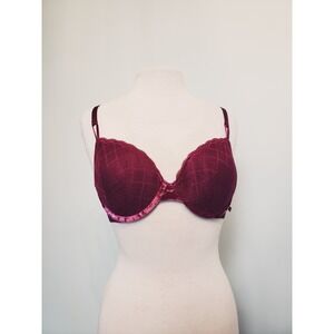 Victoria's Secret Bra 36C Lined Demi Sexy Velvet Scallop Lace Underwire Burgundy